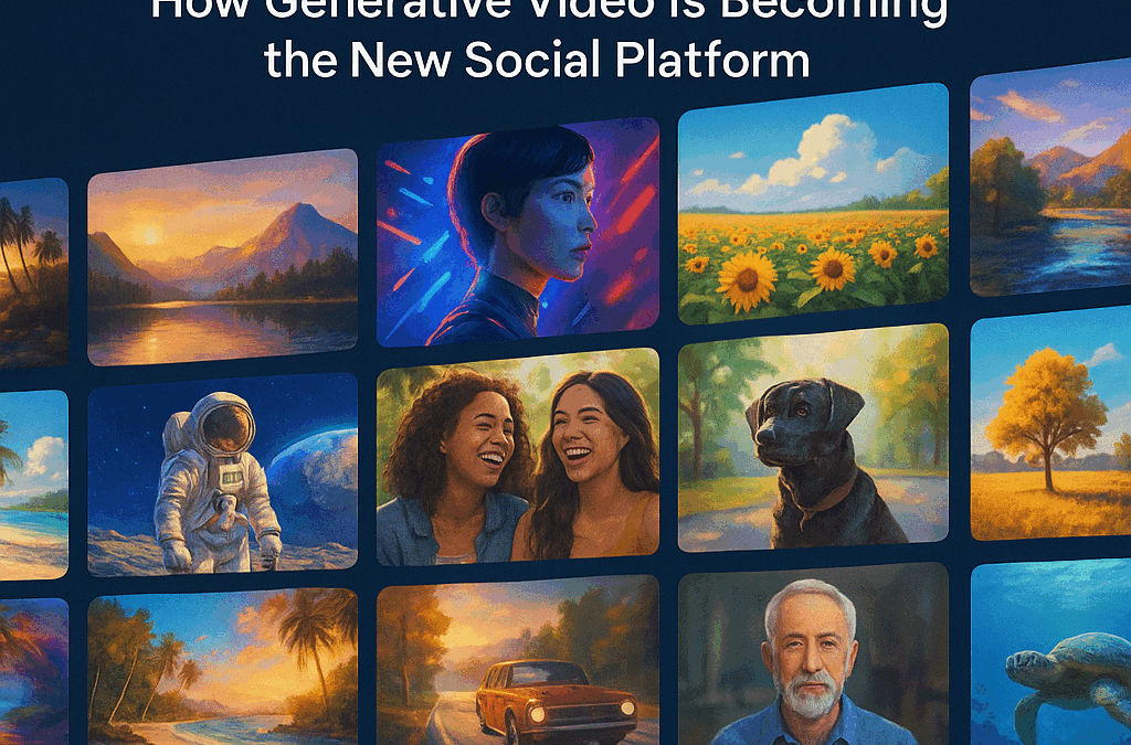 Collage of AI-generated video thumbnails showing diverse scenes and people with the title text “Social AI Video: How Generative Video Is Becoming the New Social Platform.”